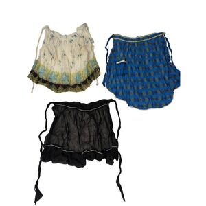 Lot of 3 Vintage Half Aprons Blue Ikat Folk Art Floral Border Sheer Black Ruffle